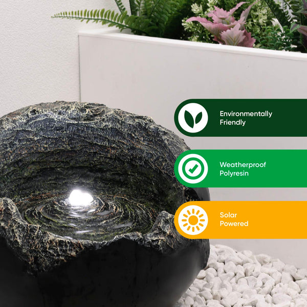 Solar Powered Rock Bowl Water Feature with Battery Backup & LED Light