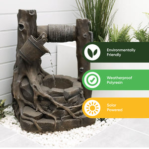 Solar Powered Rustic Brick Well Water Feature with Battery Backup