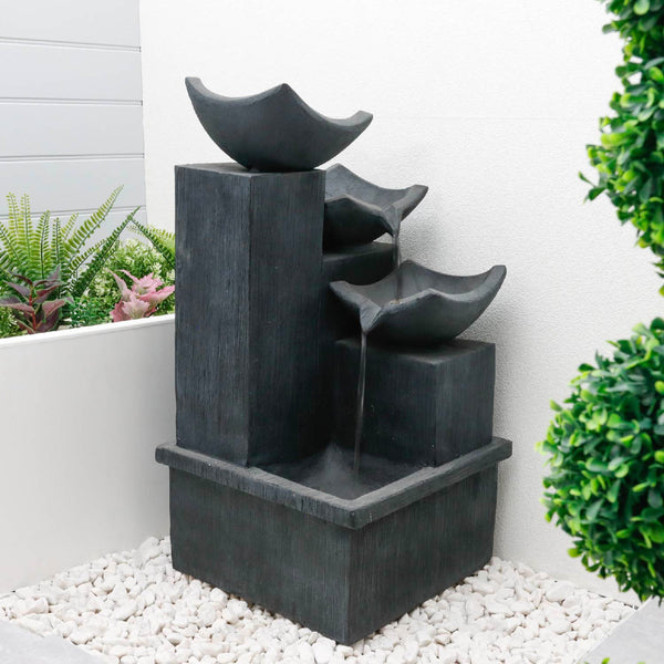 Solar Powered Cascading Slate Water Feature with Battery Backup