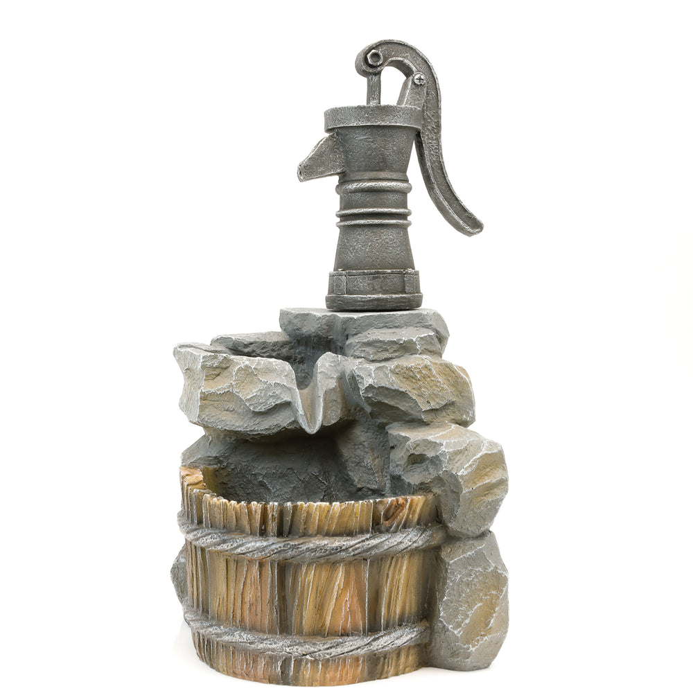 Solar Powered Hand Pump Well Water Feature with Battery Backup