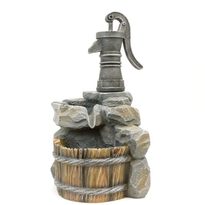 Solar Powered Hand Pump Well Water Feature with Battery Backup