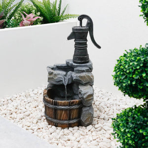 Solar Powered Hand Pump Well Water Feature with Battery Backup