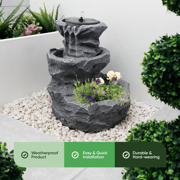 Solar Powered Rock Planter Water Feature with Battery Backup