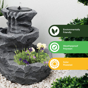 Solar Powered Rock Planter Water Feature with Battery Backup
