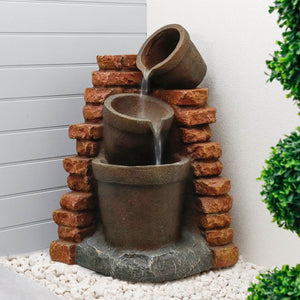 Solar Powered Corner Brick Wall Water Feature with Battery Backup