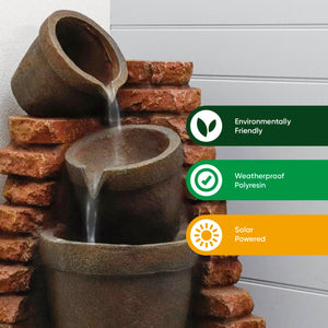 Solar Powered Corner Brick Wall Water Feature with Battery Backup