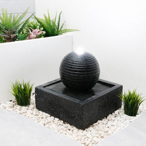 Solar Powered Black Granite-Finish Water Feature with LED Light & Battery Backup