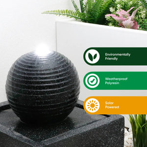 Solar Powered Black Granite-Finish Water Feature with LED Light & Battery Backup