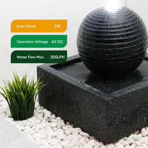 Solar Powered Black Granite-Finish Water Feature with LED Light & Battery Backup