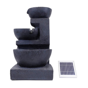 Solar Powered Cascading Black Ceramic Water Feature with LED Light & Battery Backup