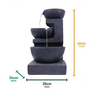 Solar Powered Cascading Black Ceramic Water Feature with LED Light & Battery Backup