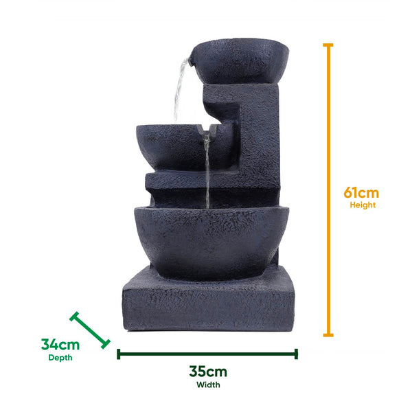 Solar Powered Cascading Black Ceramic Water Feature with LED Light & Battery Backup