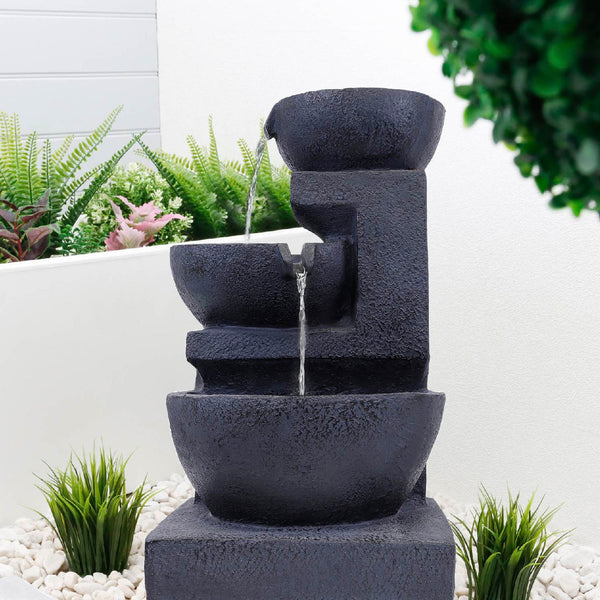 Solar Powered Cascading Black Ceramic Water Feature with LED Light & Battery Backup