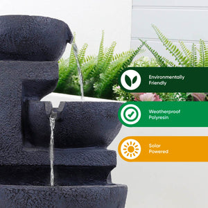 Solar Powered Cascading Black Ceramic Water Feature with LED Light & Battery Backup