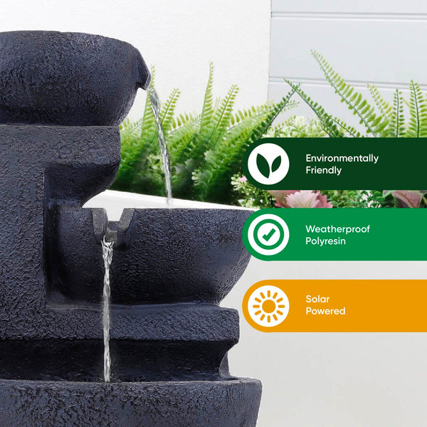Solar Powered Cascading Black Ceramic Water Feature with LED Light & Battery Backup