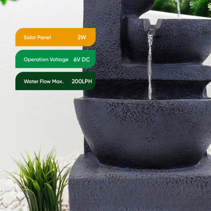 Solar Powered Cascading Black Ceramic Water Feature with LED Light & Battery Backup