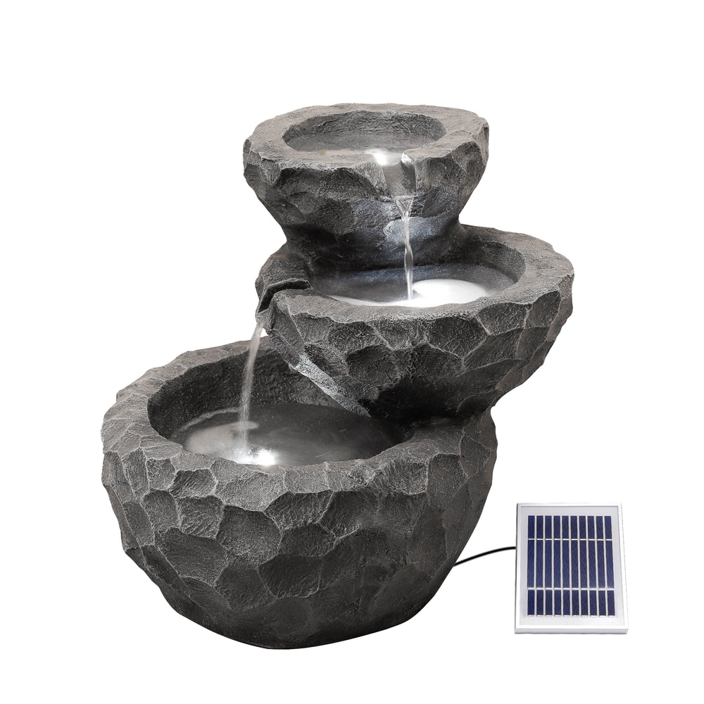 Solar Powered Three-Tiered Rock Water Feature with Battery Backup
