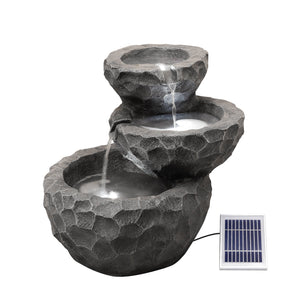 Solar Powered Three-Tiered Rock Water Feature with Battery Backup