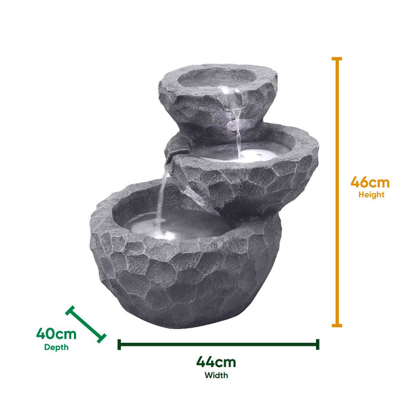 Solar Powered Three-Tiered Rock Water Feature with Battery Backup