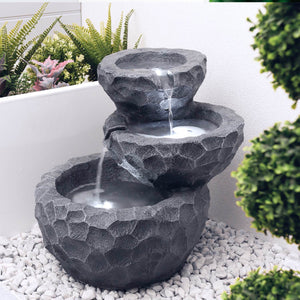 Solar Powered Three-Tiered Rock Water Feature with Battery Backup