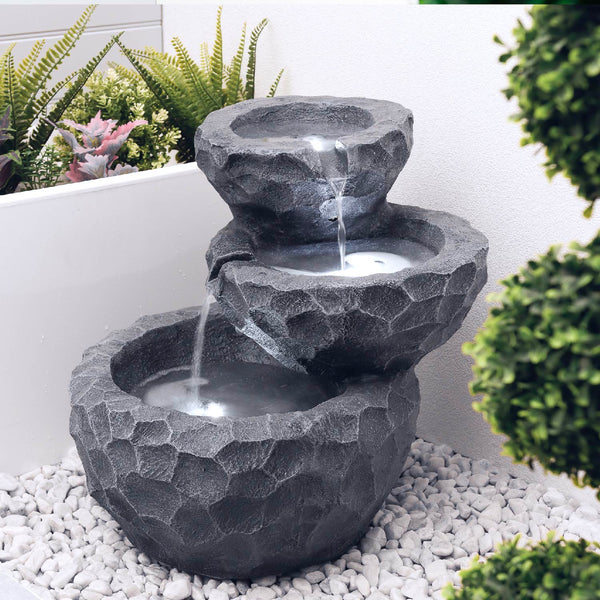 Solar Powered Three-Tiered Rock Water Feature with Battery Backup