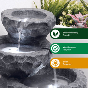 Solar Powered Three-Tiered Rock Water Feature with Battery Backup
