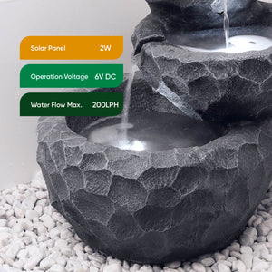 Solar Powered Three-Tiered Rock Water Feature with Battery Backup