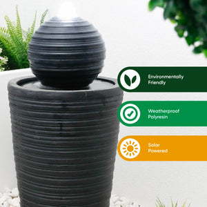 Solar Powered Round Ball & Plinth Water Feature with LED Light & Battery Backup