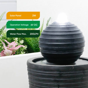 Solar Powered Round Ball & Plinth Water Feature with LED Light & Battery Backup