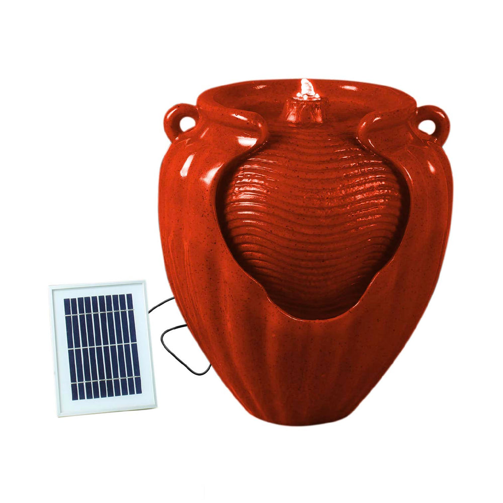 Solar Powered Red Vase Water Feature with LED Light & Battery Backup