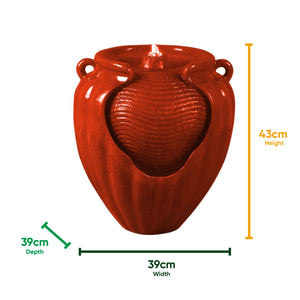 Solar Powered Red Vase Water Feature with LED Light & Battery Backup