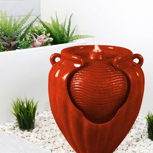 Solar Powered Red Vase Water Feature with LED Light & Battery Backup