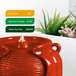 Solar Powered Red Vase Water Feature with LED Light & Battery Backup