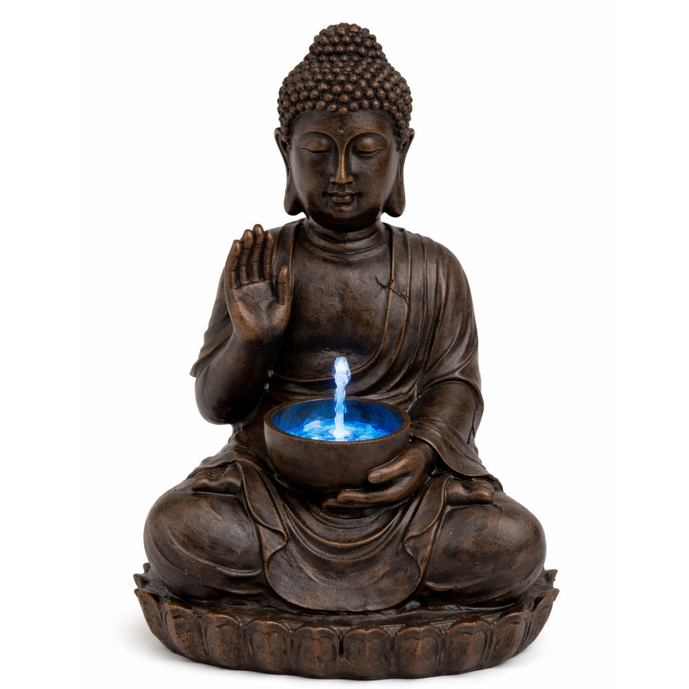 Solar Powered Meditating Buddha with Bowl Water Feature, LED Light & Battery Backup