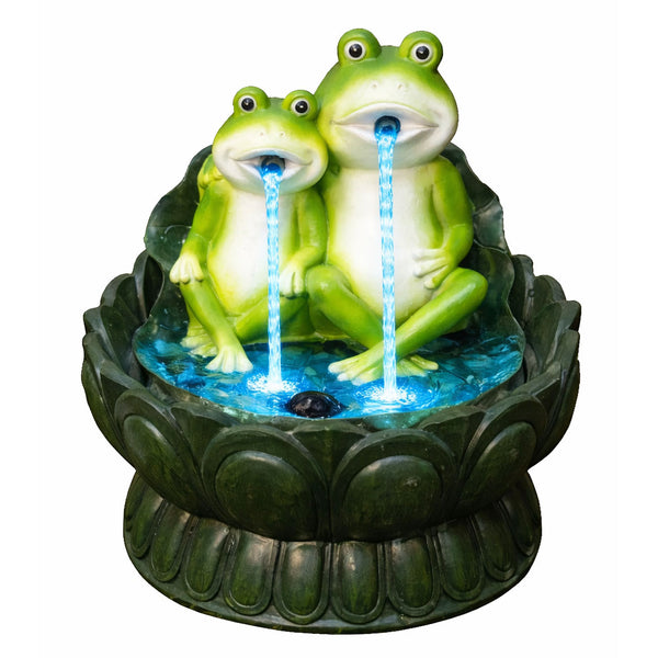 Solar Powered Two Frogs on a Lily Pad Water Feature with LED Light & Battery Backup