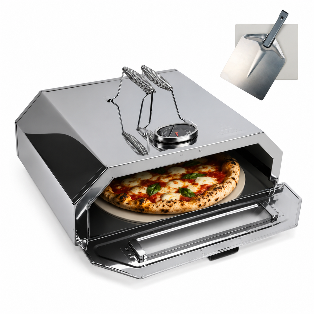 BBQ Pizza Oven Attachment with Pizza Stone & Thermometer | Grill Top Pizza Maker