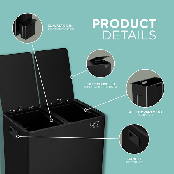 Stainless Steel Rubbish Bin - 63L, Dual Design