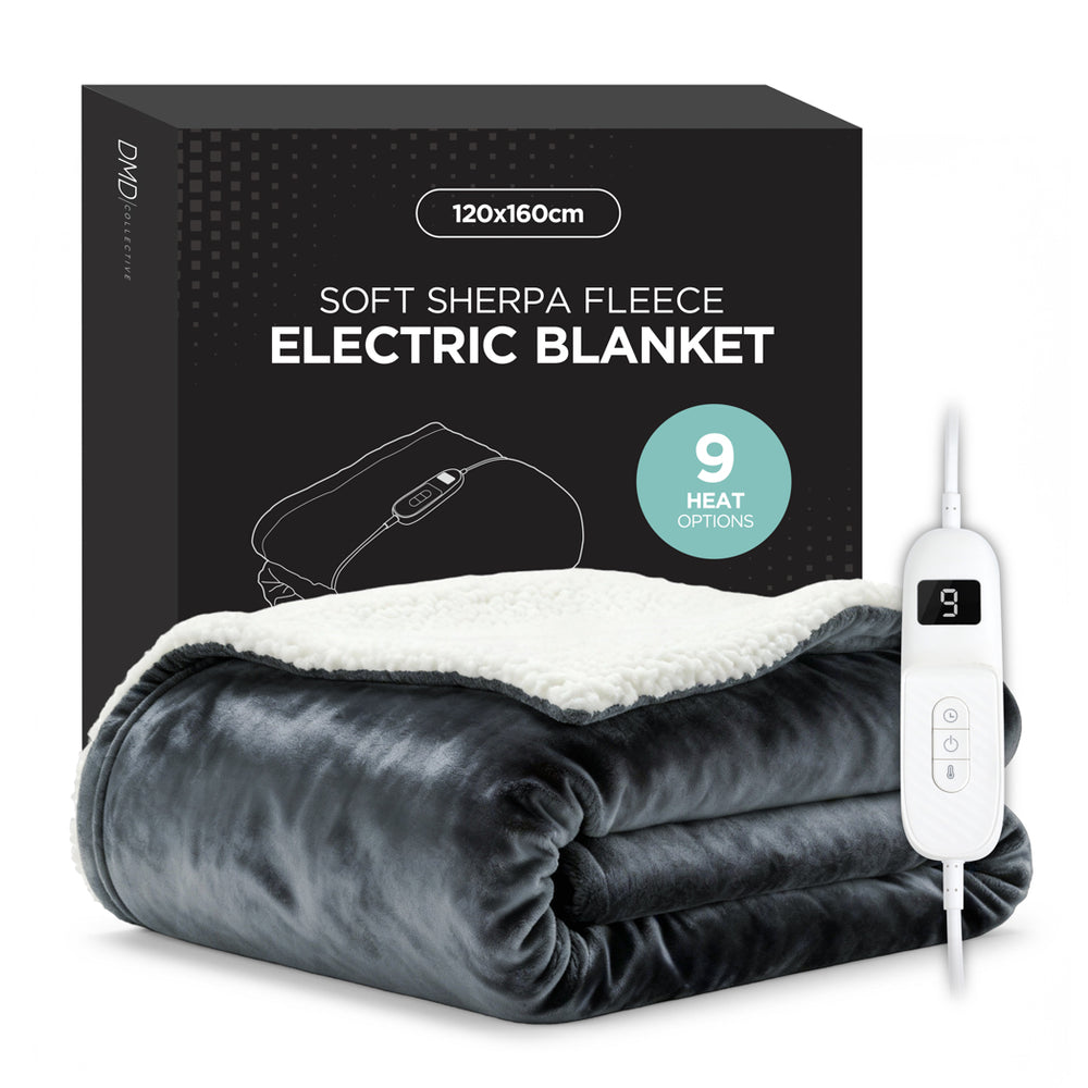 Heated Electric Blanket - Sherpa Fleece, Auto-Off, 9 Heat Levels, Grey