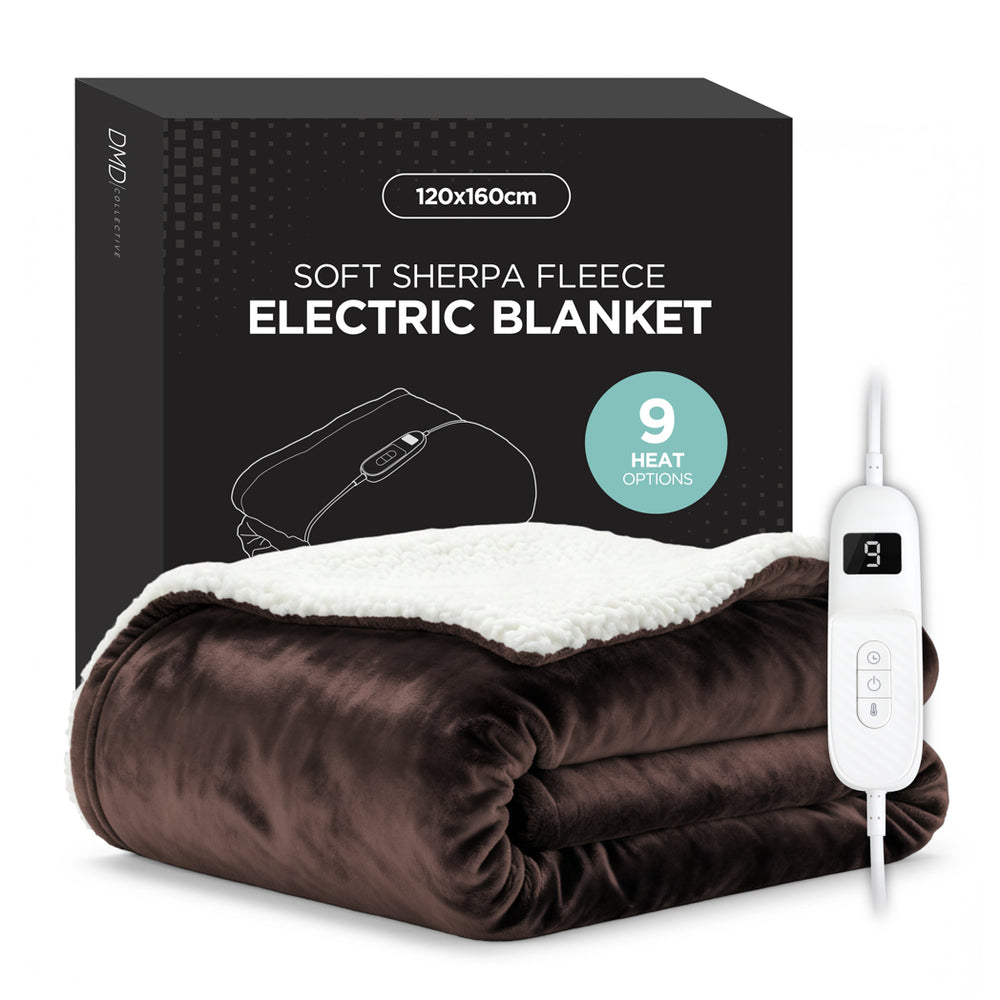 Heated Electric Blanket – Sherpa Fleece, Auto-Off & 9 Heat Levels, Brown