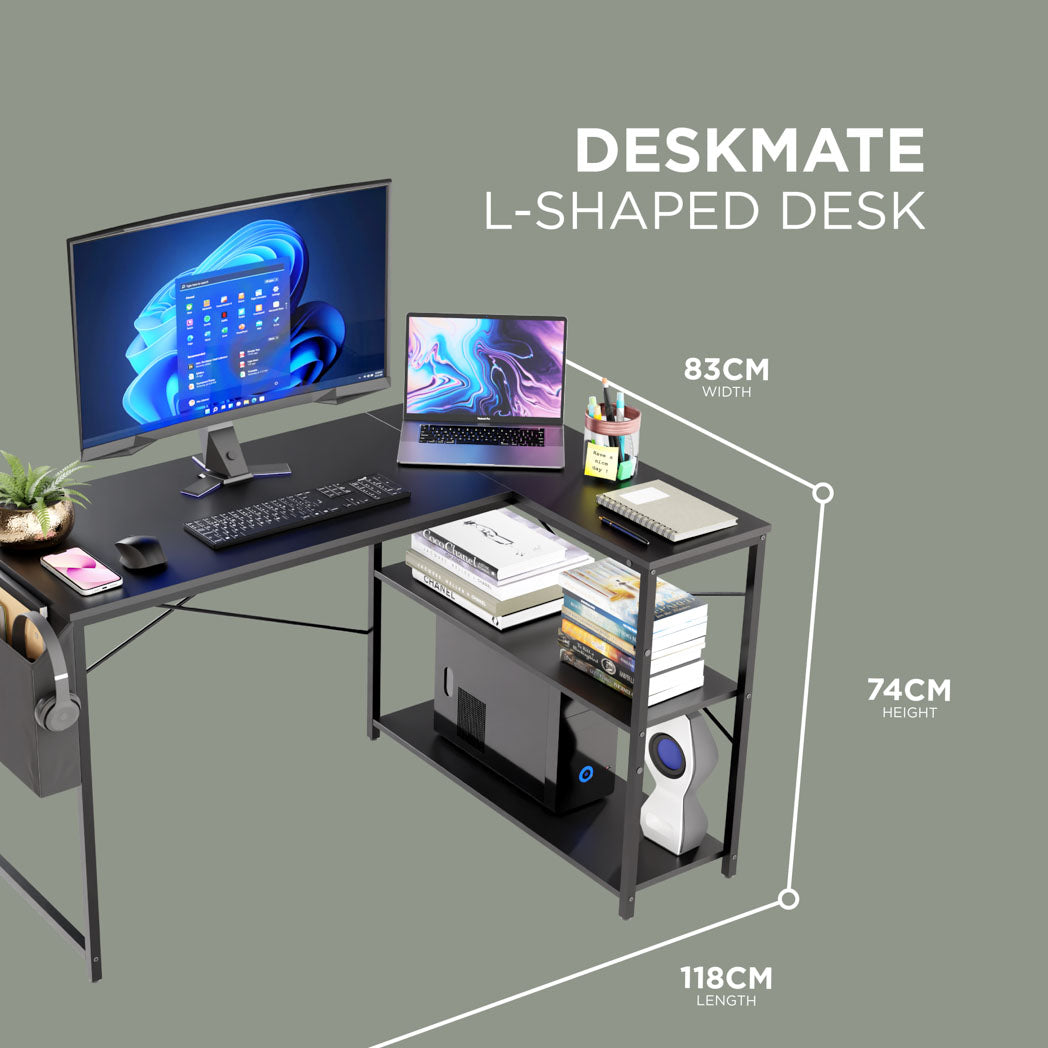 DeskMate Reversible L-Shaped Computer Desk with Storage Shelves