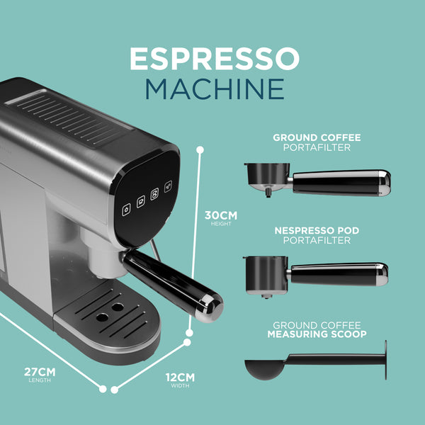 Espresso Coffee Machine - 20-Bar Pressure, Milk Frother, Capsule Compatible