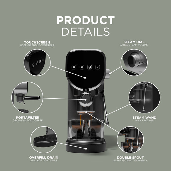 Espresso Coffee Machine - 20-Bar Pressure, Milk Frother, Capsule Compatible