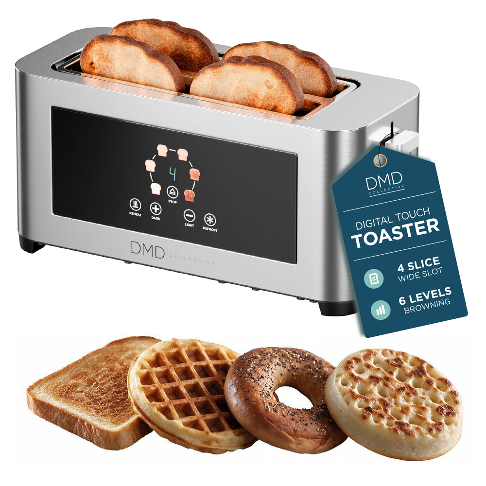 Touchscreen 4 Slice Long Slot Toaster Stainless Steel, 6 Browning Levels, Defrost Reheat & Cancel Functions, 1400W