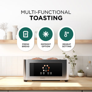 Touchscreen 4 Slice Long Slot Toaster Stainless Steel, 6 Browning Levels, Defrost Reheat & Cancel Functions, 1400W