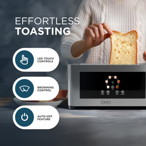 Touchscreen 4 Slice Long Slot Toaster Stainless Steel, 6 Browning Levels, Defrost Reheat & Cancel Functions, 1400W