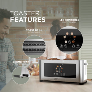 Touchscreen 4 Slice Long Slot Toaster Stainless Steel, 6 Browning Levels, Defrost Reheat & Cancel Functions, 1400W