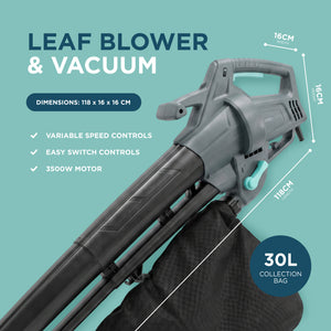 Electric Garden Leaf Blower Vacuum with Variable Speed, 30L Bag & 8m Cable 3500W