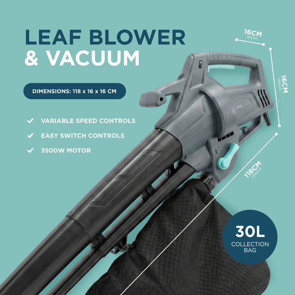 Electric Garden Leaf Blower Vacuum with Variable Speed, 30L Bag & 8m Cable 3500W