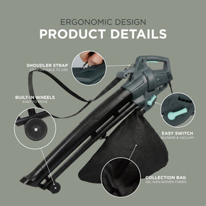 Electric Garden Leaf Blower Vacuum with Variable Speed, 30L Bag & 8m Cable 3500W
