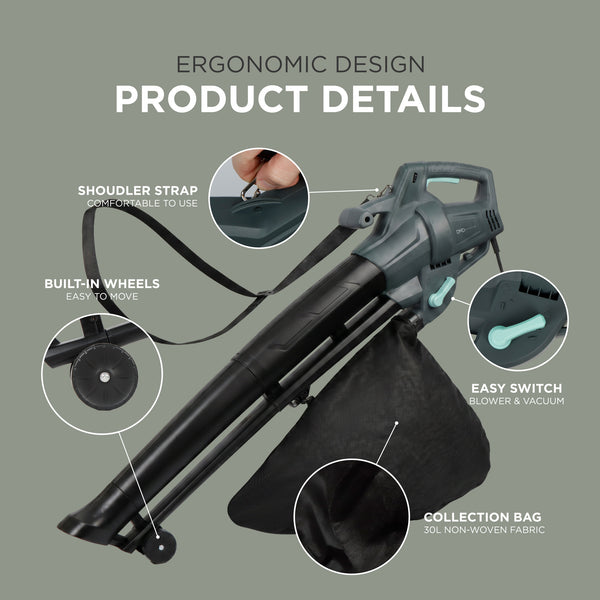 Electric Garden Leaf Blower Vacuum with Variable Speed, 30L Bag & 8m Cable 3500W